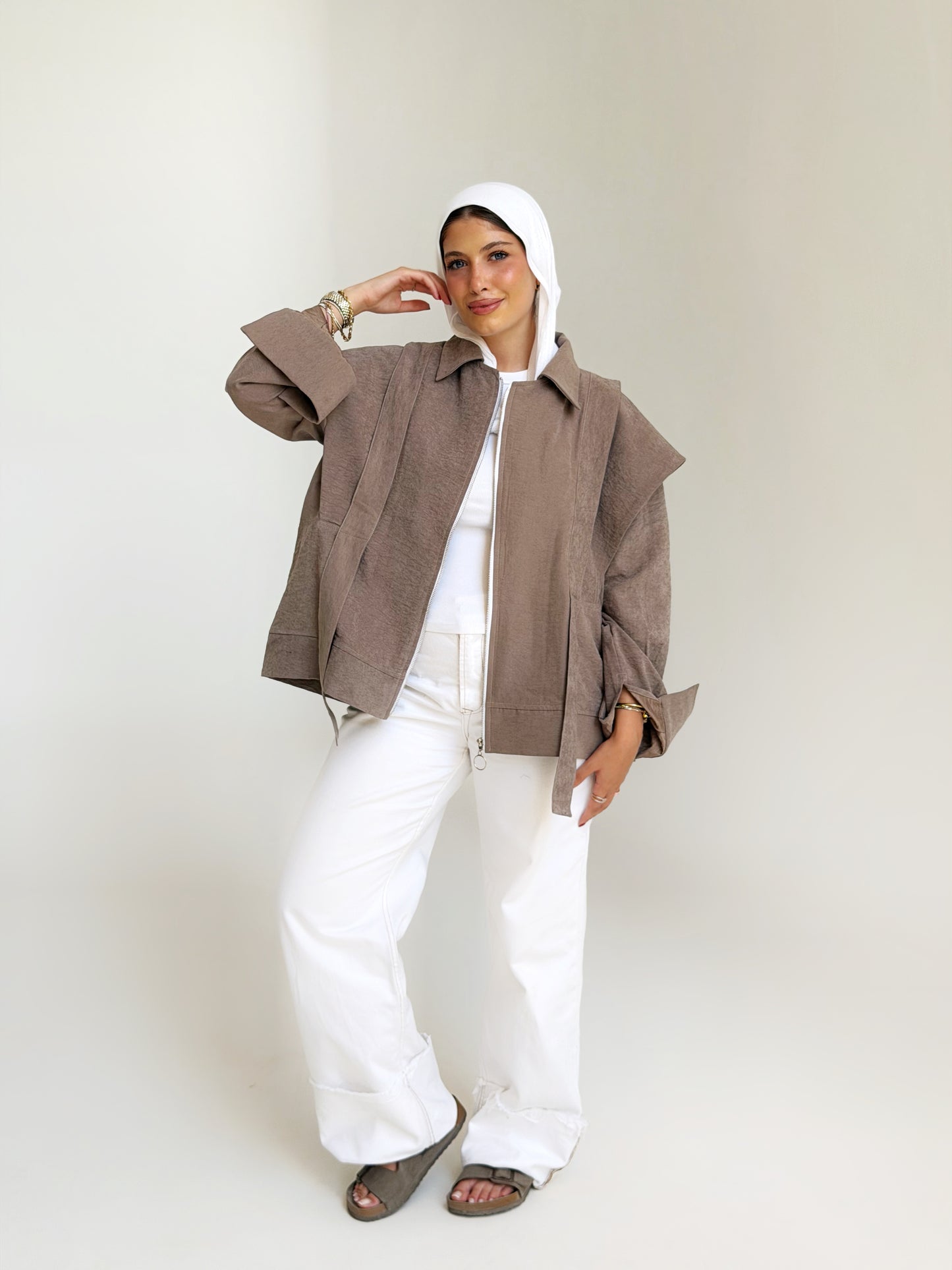 Soft Layered Cape-Sleeve Jacket
