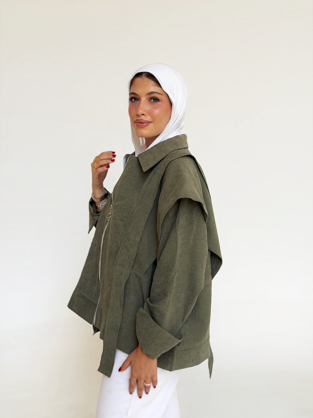 Soft Layered Cape-Sleeve Jacket