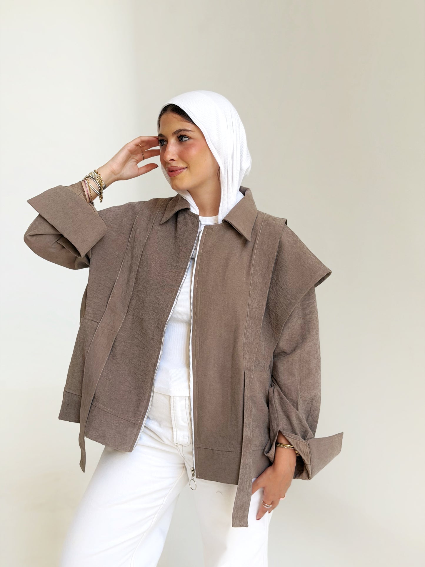 Soft Layered Cape-Sleeve Jacket