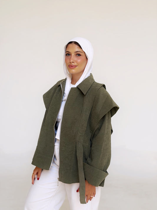 Soft Layered Cape-Sleeve Jacket